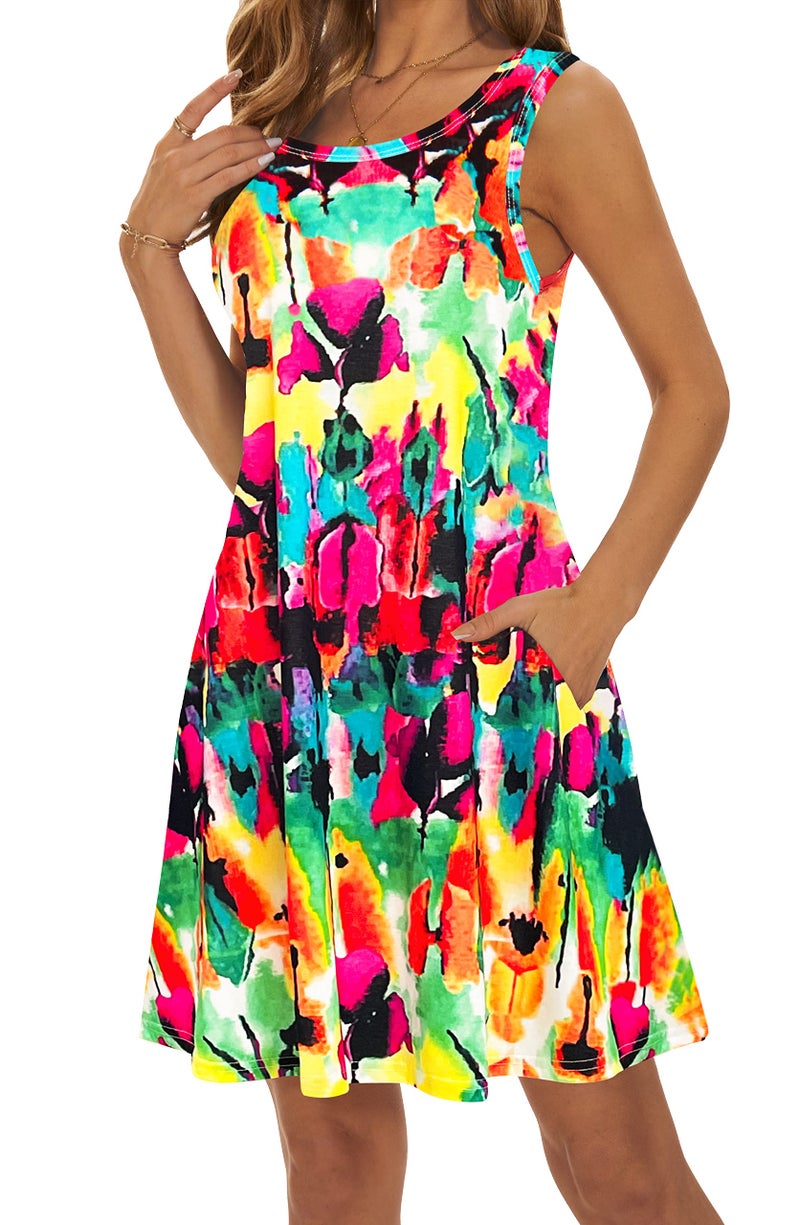 MOSKILL Summer Dresses for Women 2026 Casual Sundresses Beach Cover Ups Sleeveless Tshirt Swing Dress with Pockets M Rainbow - Image 2